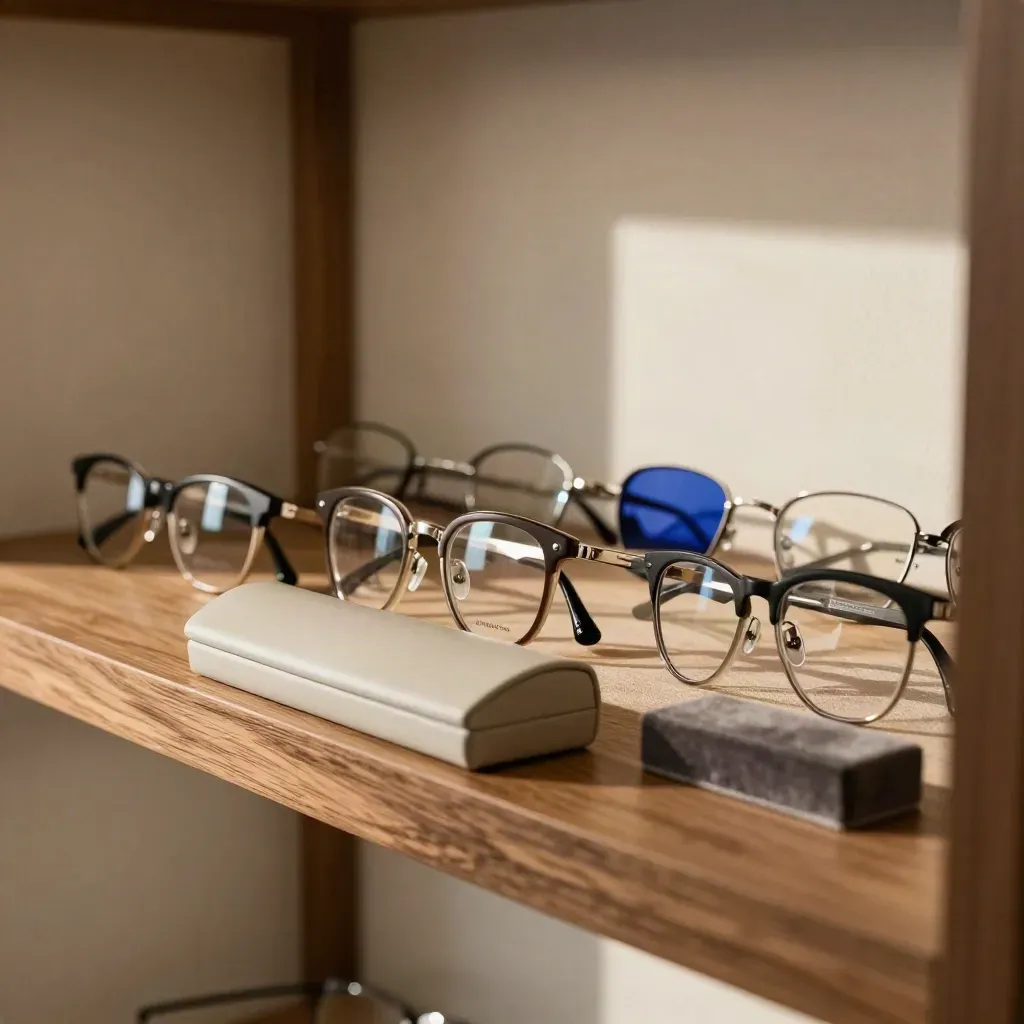 Lunettes sur ordonnance, étui neutre et bloc velours, lumière douce d’après-midi.