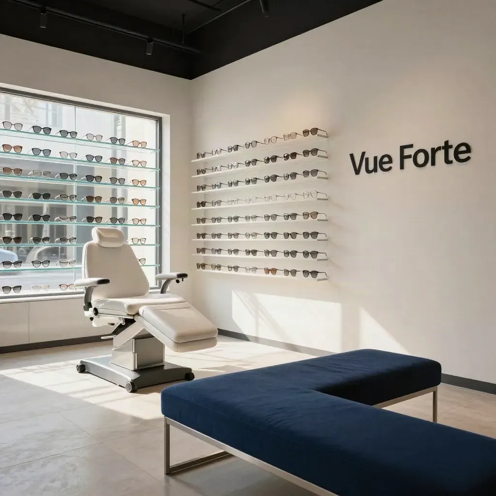 Clinique optique lumineuse, mur de montures, fauteuil blanc et banquette bleu profond.