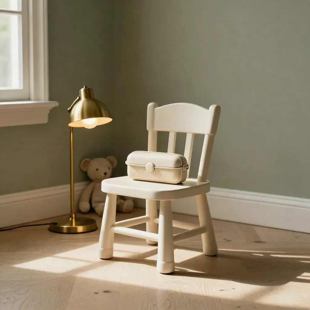 Coin vision pédiatrique calme avec petite chaise, lampe douce et étui de lunettes enfant.