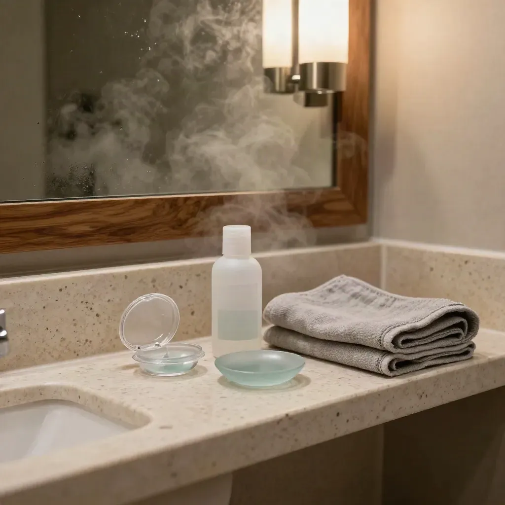 Étagère de salle de bain avec lentilles, sérum physiologique et serviette devant un miroir embué.