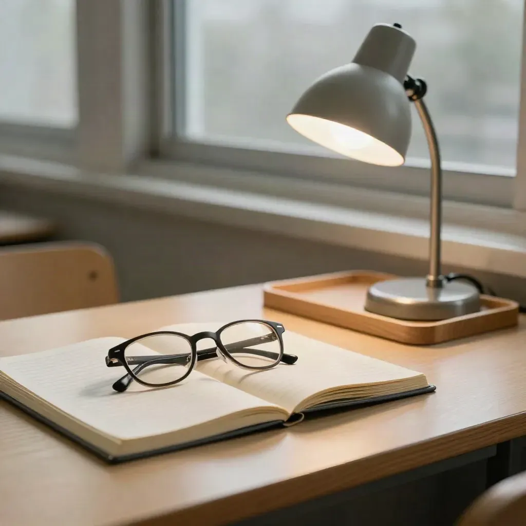 Bureau de lycée avec lunettes de vue sur cahier fermé, lampe et fenêtre floue en lumière douce