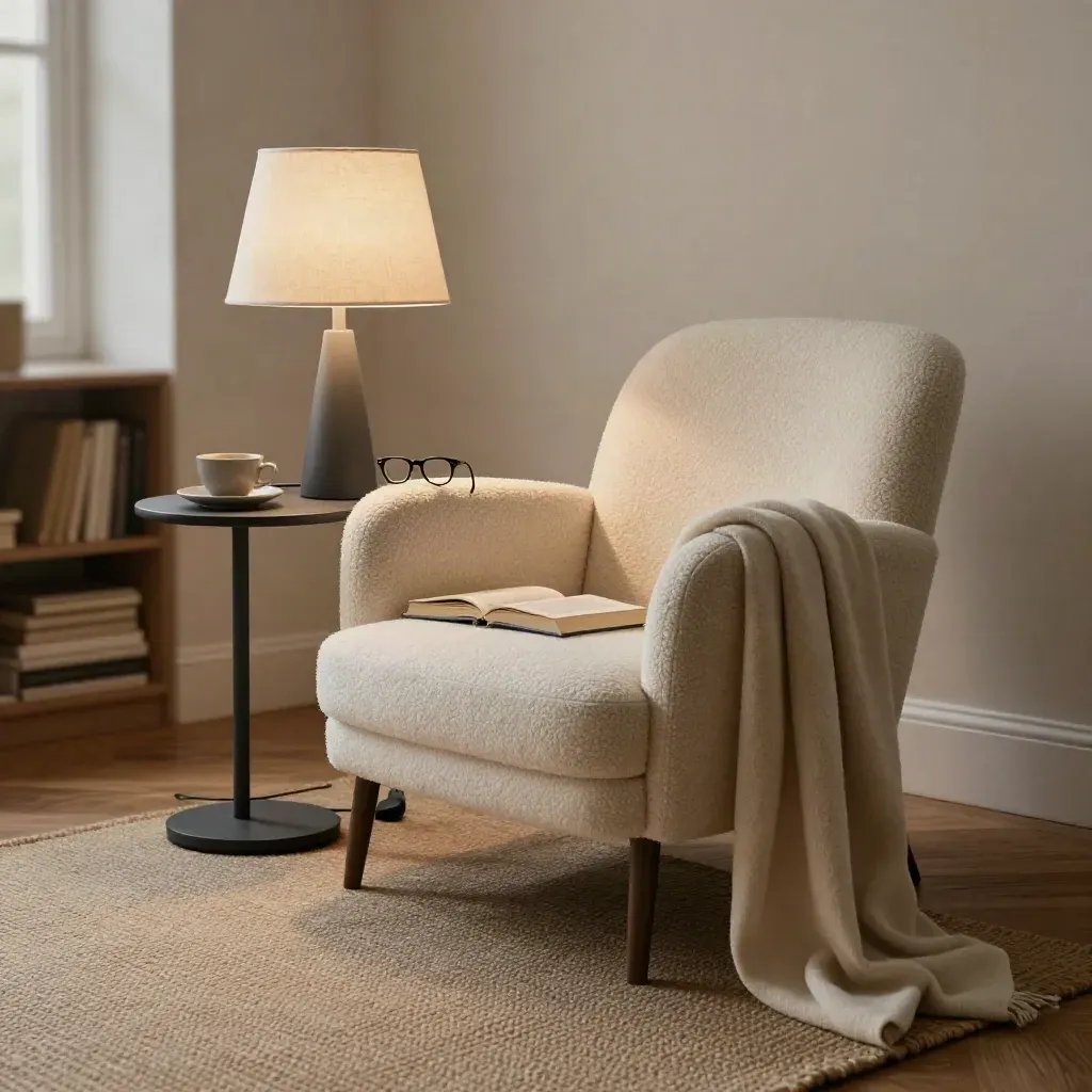 Fauteuil de lecture, lunettes sur l’accoudoir, lampe allumée, roman fermé.