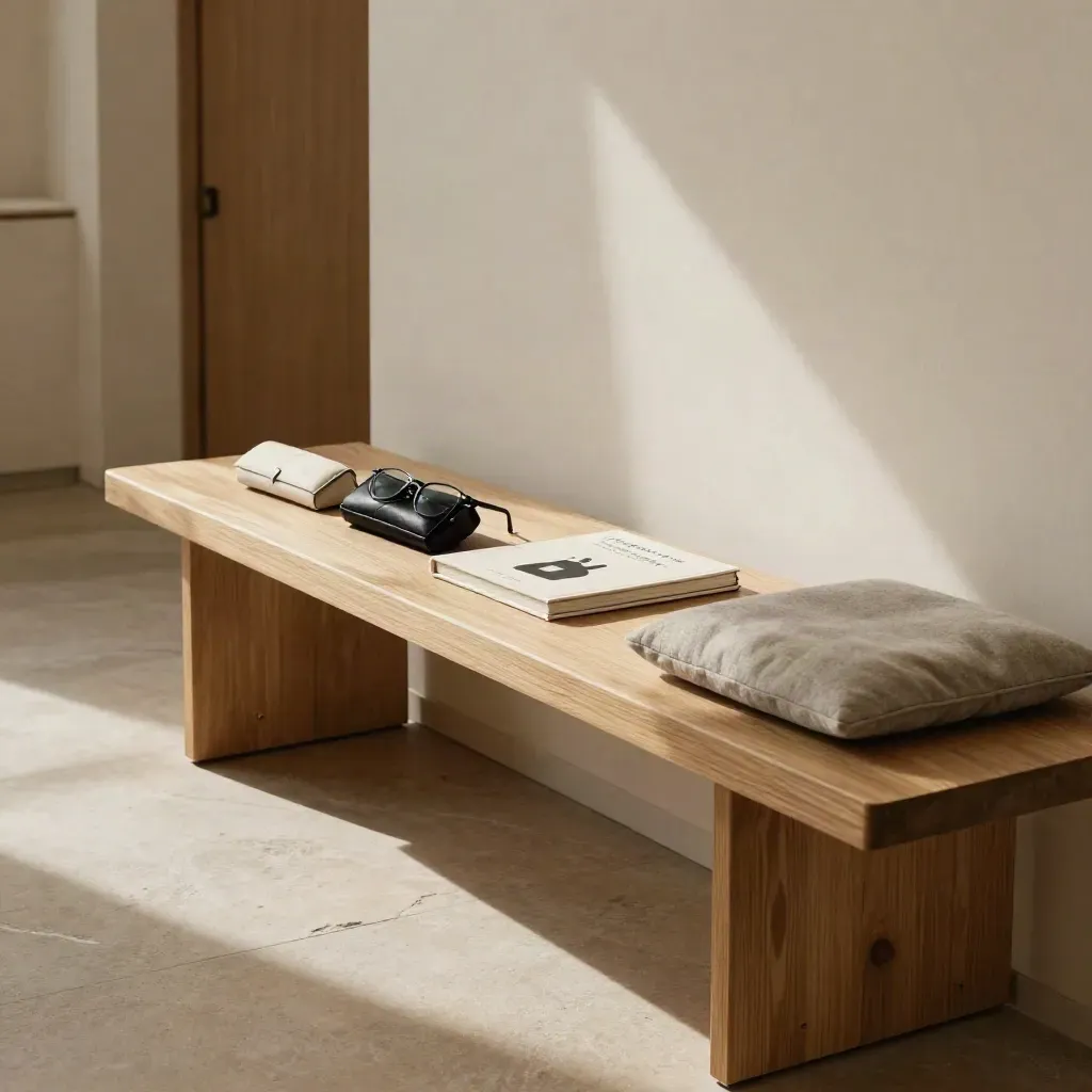Nook d’attente lumineux avec deux étuis à lunettes, un livre fermé et un banc en ordre.