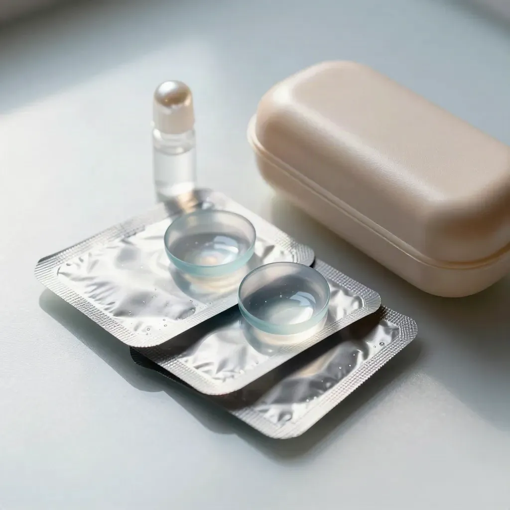 Packs de lentilles, flacon de sérum et étui sur verre dépoli, lumière clinique.