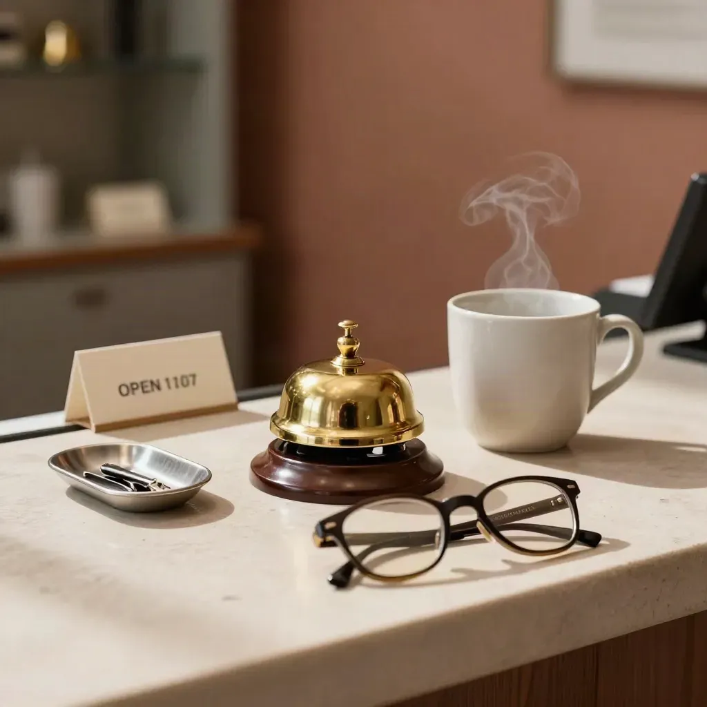 Cloche de comptoir en laiton, tasse fumante, plateau à clés et lunettes pliées sur pierre.