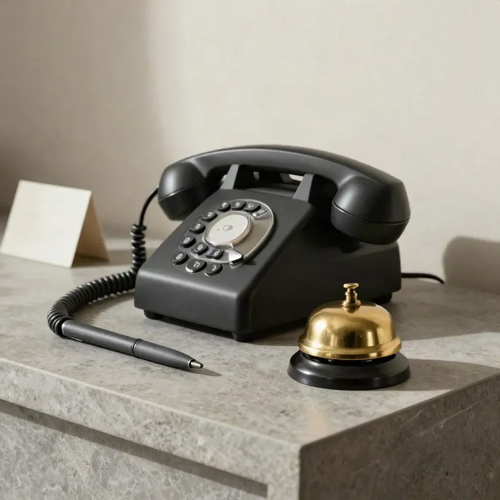Téléphone, sonnette en laiton et stylo sombre sur un comptoir de pierre, lumière douce.