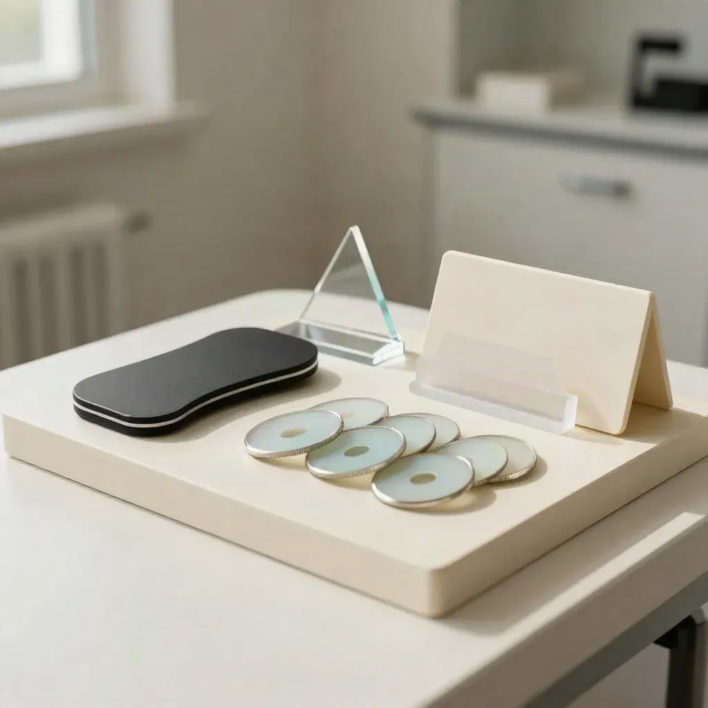 Kit de bilan visuel sur laque crème, avec cache-œil, filtres prismatiques et disques d’alignement.