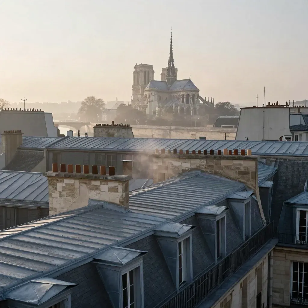 Toits de Paris Centre au lever du soleil, brume de la Seine et silhouette lointaine d’une cathédrale.