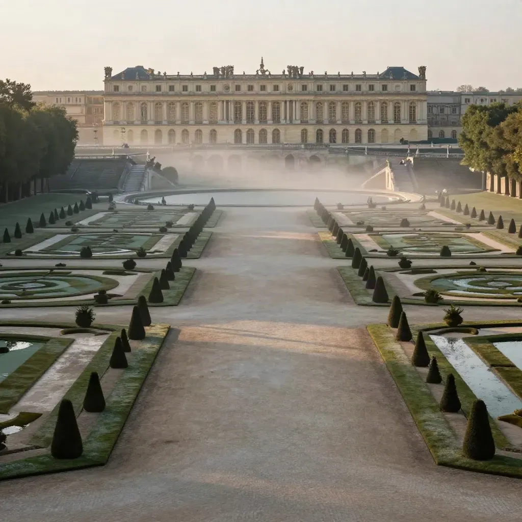 Le château de Versailles émerge dans la brume au-dessus des jardins à Yvelines.