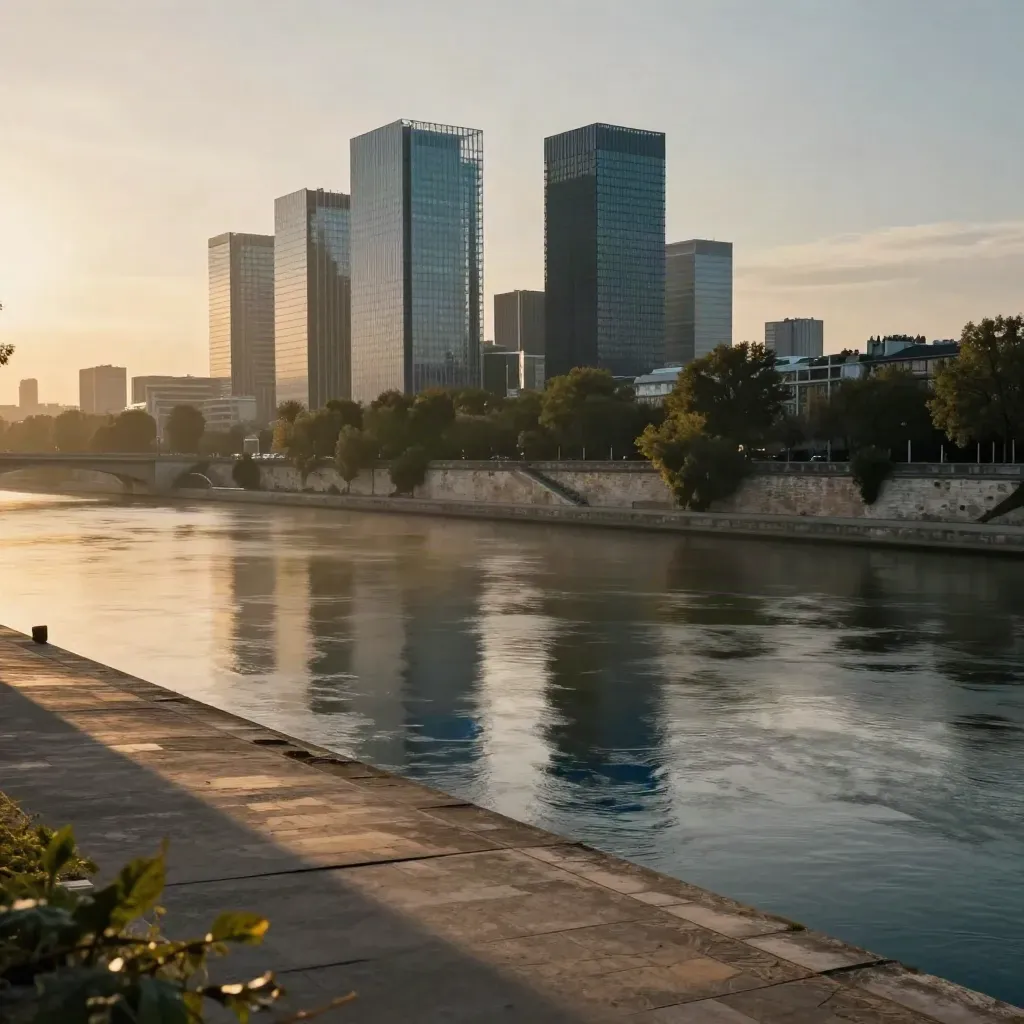 La Défense au bord de la Seine, lumière dorée et brume sur les tours.