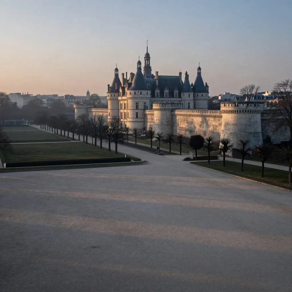 Silhouette du château de Vincennes dans la brume bleue, esplanade calme pour le texte.