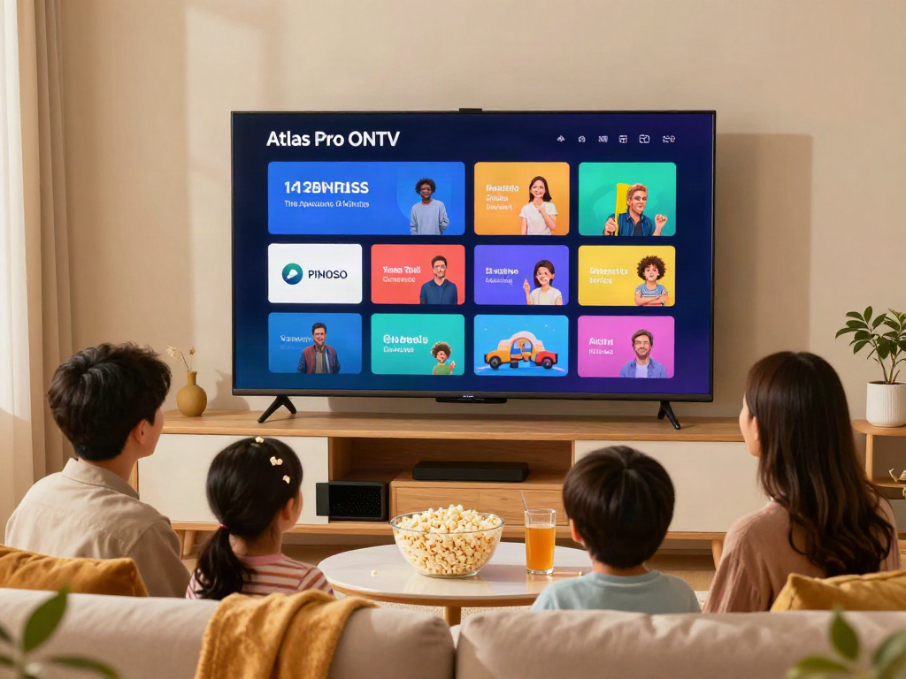 Profitez de l'application atlas pro ontv dans un salon confortable avec une famille.